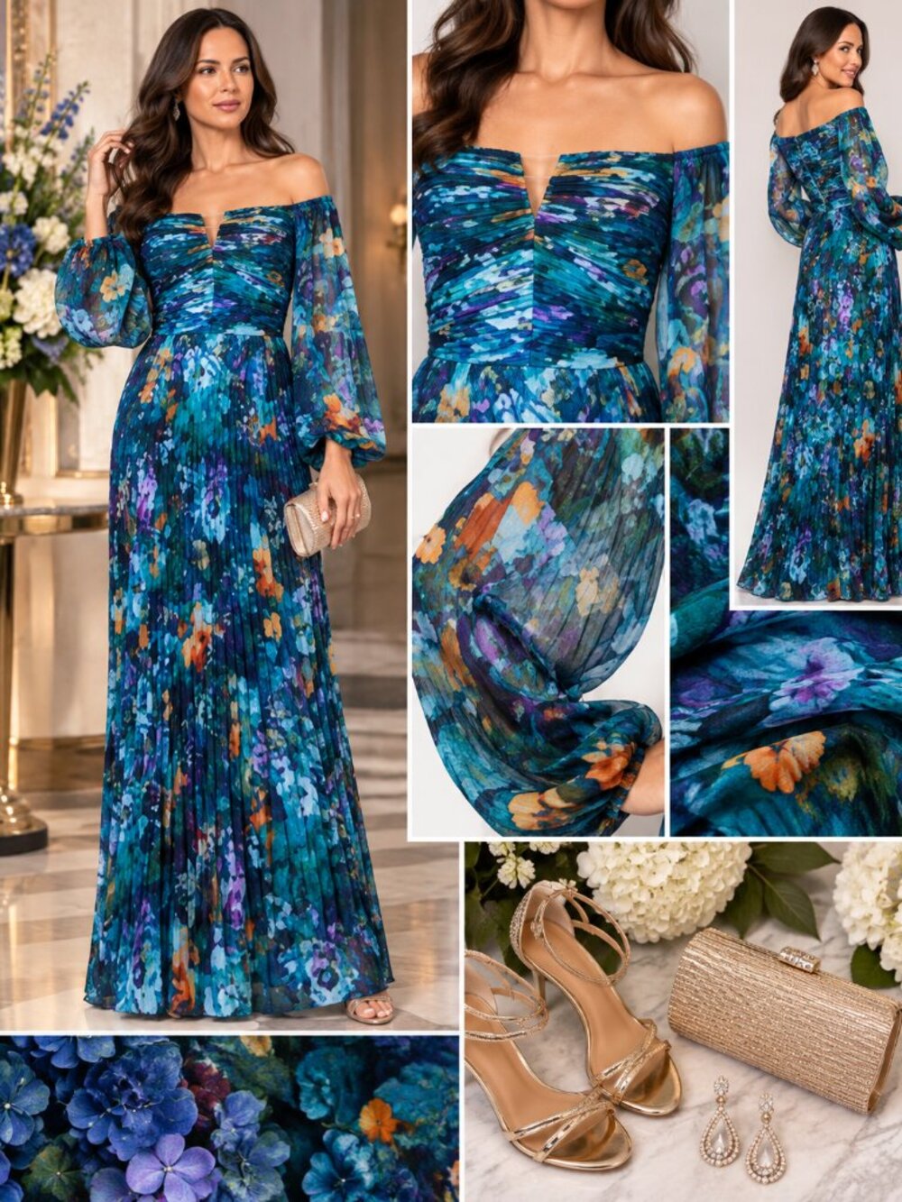 XSCAPE Turquoise Multi Off Shoulder Floral Formal Gown Size 6 NWT